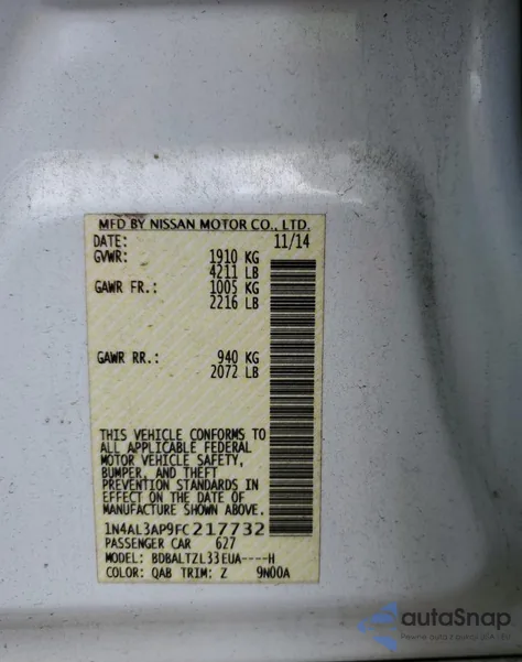 2015 Nissan Altima 2.5 from USA, damaged, VIN 1N4AL3AP9FC217732